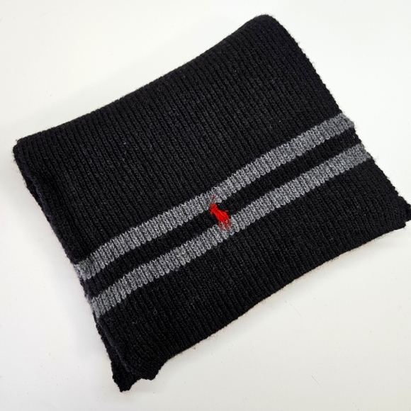 NEW Polo Ralph Lauren Black Stripe Logo Wool Blend Knit Scarf Unisex - Picture 1 of 4